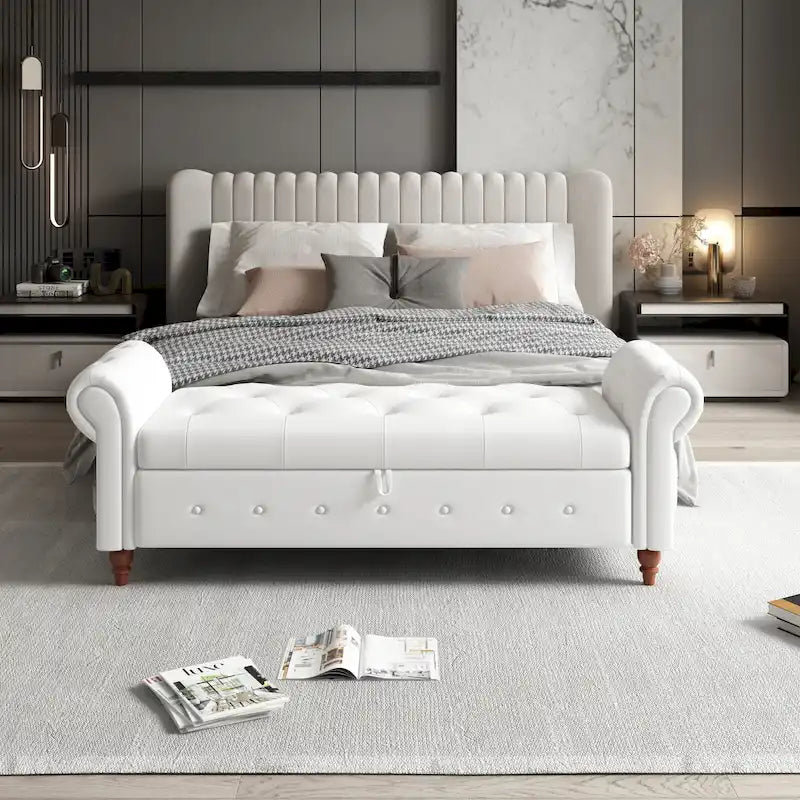 Banc ottoman de rangement capitonné avec accoudoirs roulés Plusieurs couleurs