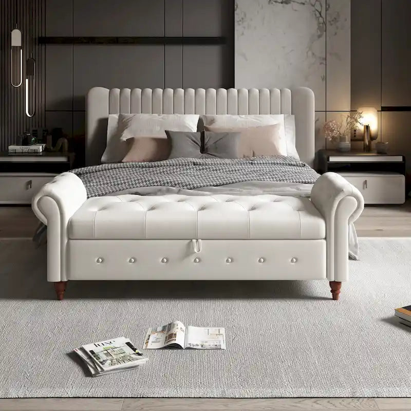 Banc ottoman de rangement capitonné avec accoudoirs roulés Plusieurs couleurs