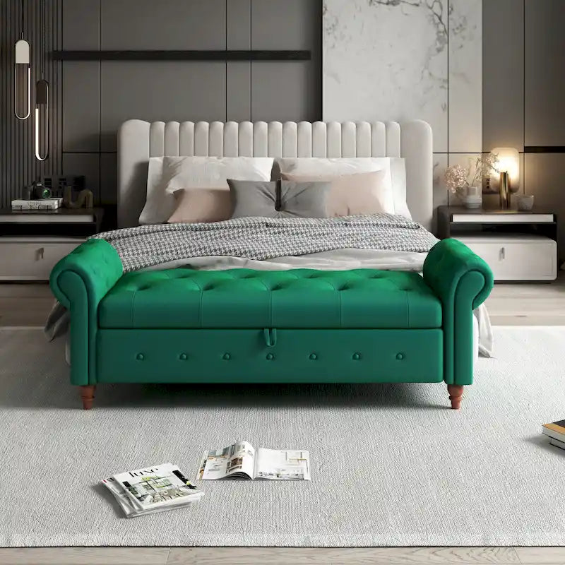 Banc ottoman de rangement capitonné avec accoudoirs roulés Plusieurs couleurs