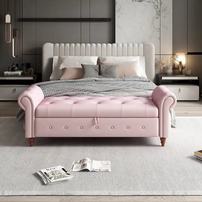 Banc ottoman de rangement capitonné avec accoudoirs roulés Plusieurs couleurs