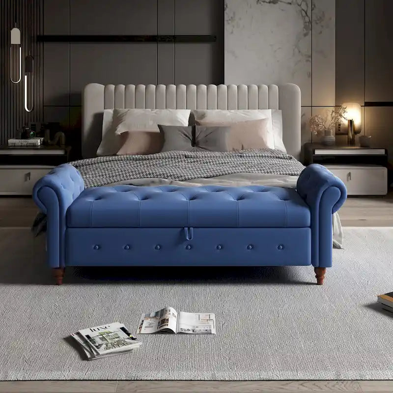 Banc ottoman de rangement capitonné avec accoudoirs roulés Plusieurs couleurs