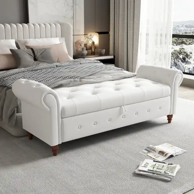 Banc ottoman de rangement capitonné avec accoudoirs roulés Plusieurs couleurs