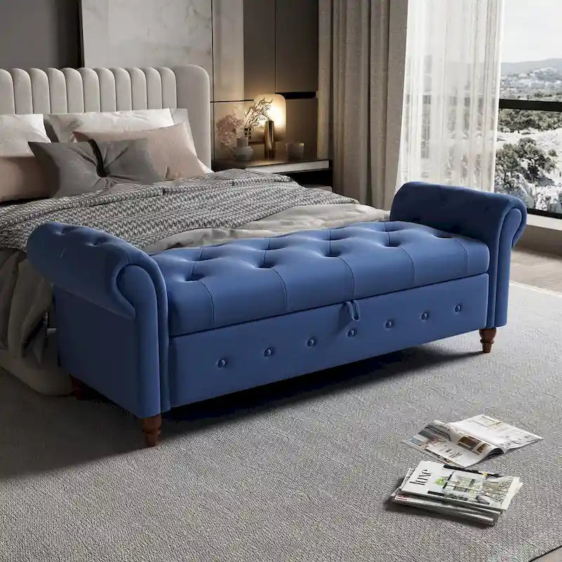 Banc ottoman de rangement capitonné avec accoudoirs roulés Plusieurs couleurs