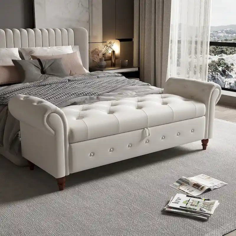 Banc ottoman de rangement capitonné avec accoudoirs roulés Plusieurs couleurs