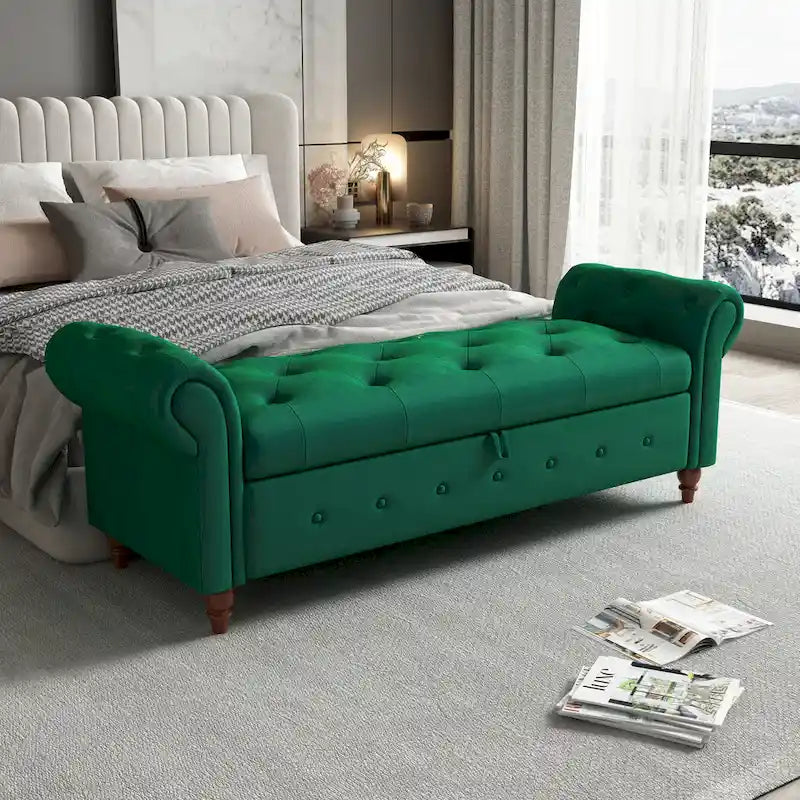 Banc ottoman de rangement capitonné avec accoudoirs roulés Plusieurs couleurs