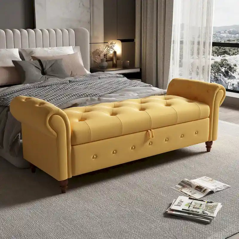 Banc ottoman de rangement capitonné avec accoudoirs roulés Plusieurs couleurs