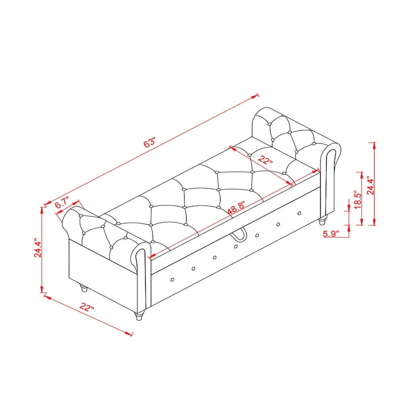 Banc ottoman de rangement capitonné avec accoudoirs roulés Plusieurs couleurs