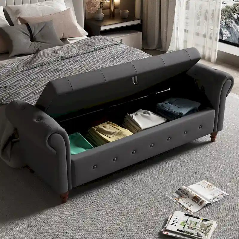 Banc ottoman de rangement capitonné avec accoudoirs roulés Plusieurs couleurs