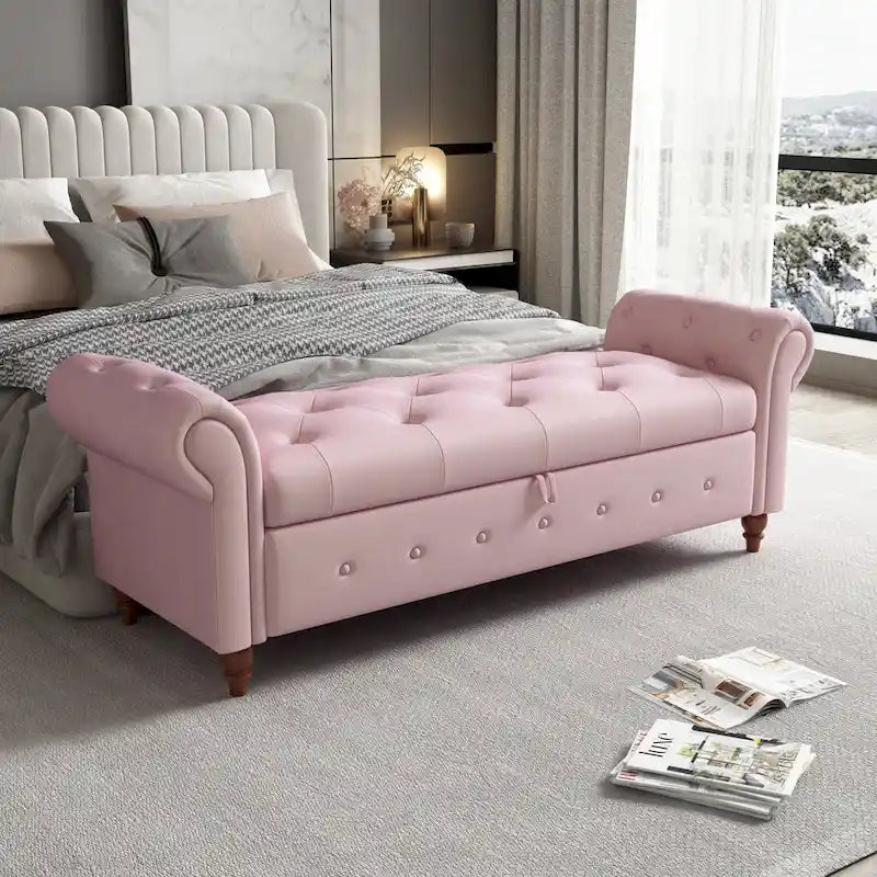 Banc ottoman de rangement capitonné avec accoudoirs roulés Plusieurs couleurs