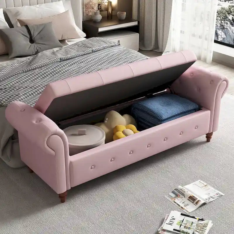 Banc ottoman de rangement capitonné avec accoudoirs roulés Plusieurs couleurs