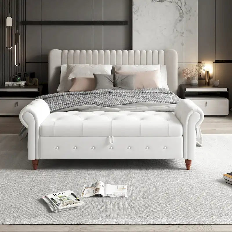 Banc ottoman de rangement capitonné avec accoudoirs roulés Plusieurs couleurs