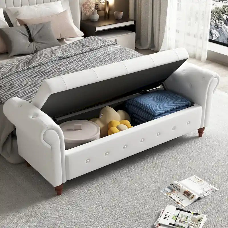 Banc ottoman de rangement capitonné avec accoudoirs roulés Plusieurs couleurs