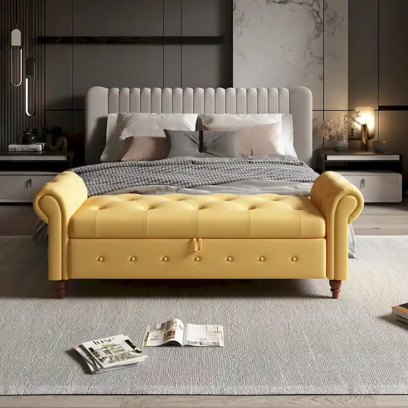 Banc ottoman de rangement capitonné avec accoudoirs roulés Plusieurs couleurs