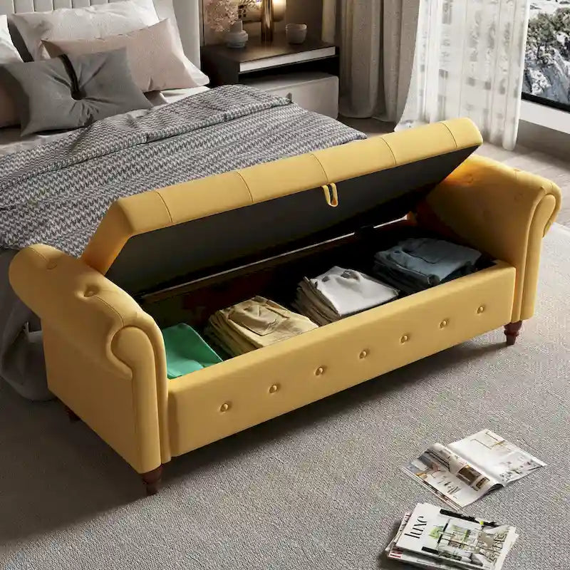 Banc ottoman de rangement capitonné avec accoudoirs roulés Plusieurs couleurs