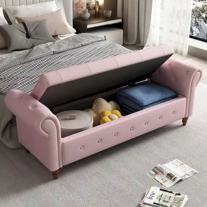 Banc ottoman de rangement capitonné avec accoudoirs roulés Plusieurs couleurs