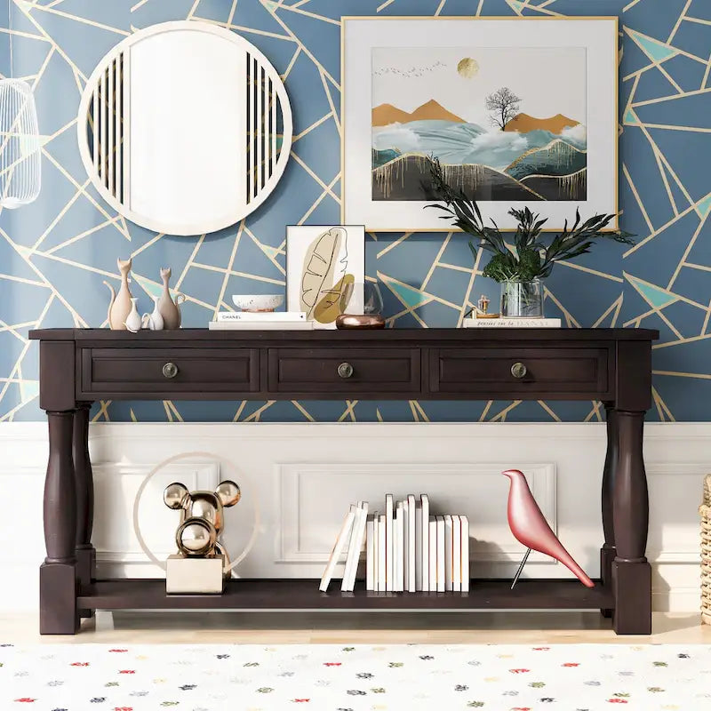 Console méditerranéenne extra longue avec tiroirs et étagère inférieure