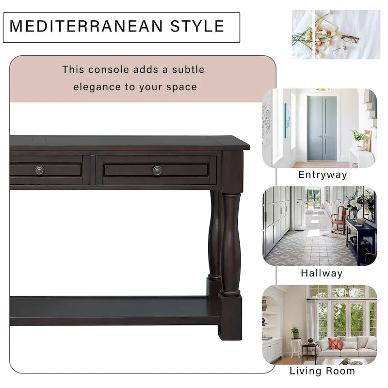 Console méditerranéenne extra longue avec tiroirs et étagère inférieure
