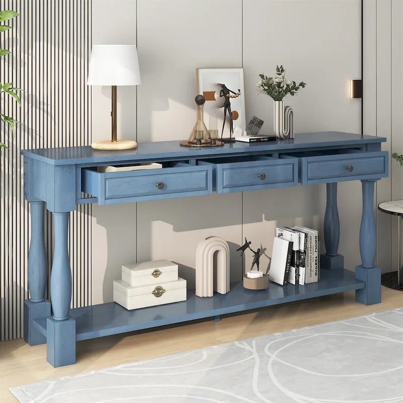 Console méditerranéenne extra longue avec tiroirs et étagère inférieure
