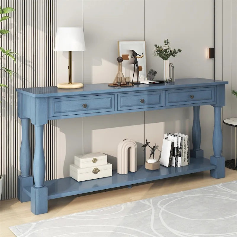 Console méditerranéenne extra longue avec tiroirs et étagère inférieure