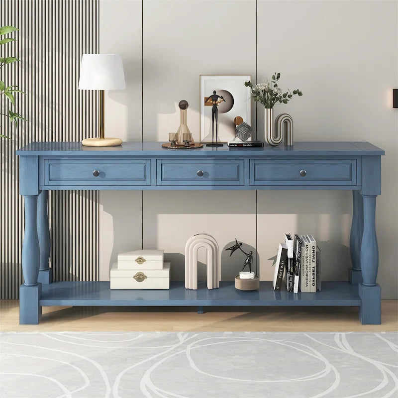 Console méditerranéenne extra longue avec tiroirs et étagère inférieure