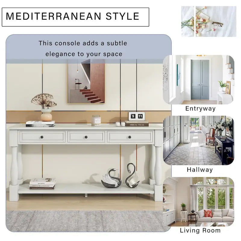 Console méditerranéenne extra longue avec tiroirs et étagère inférieure