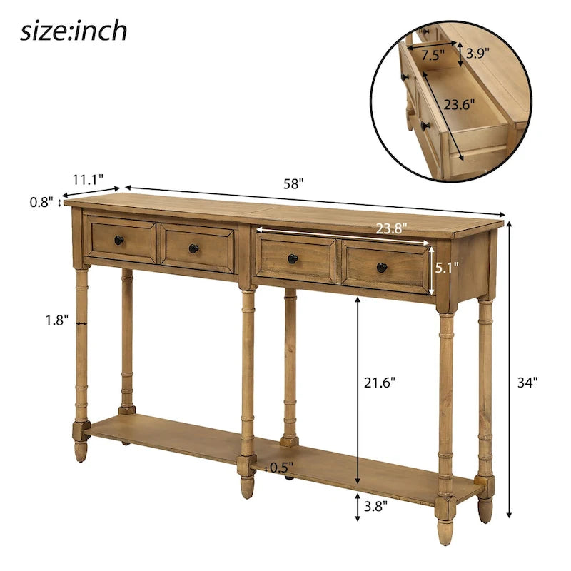 Console d'entrée en bois massif quatre tiroirs finition vieillie style antique