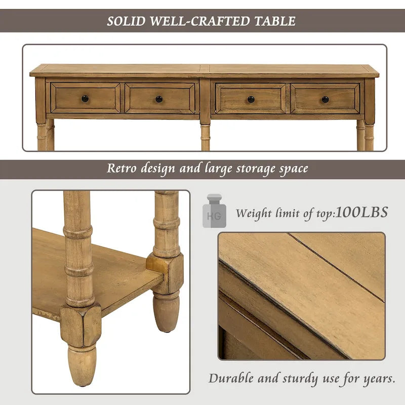 Console d'entrée en bois massif quatre tiroirs finition vieillie style antique