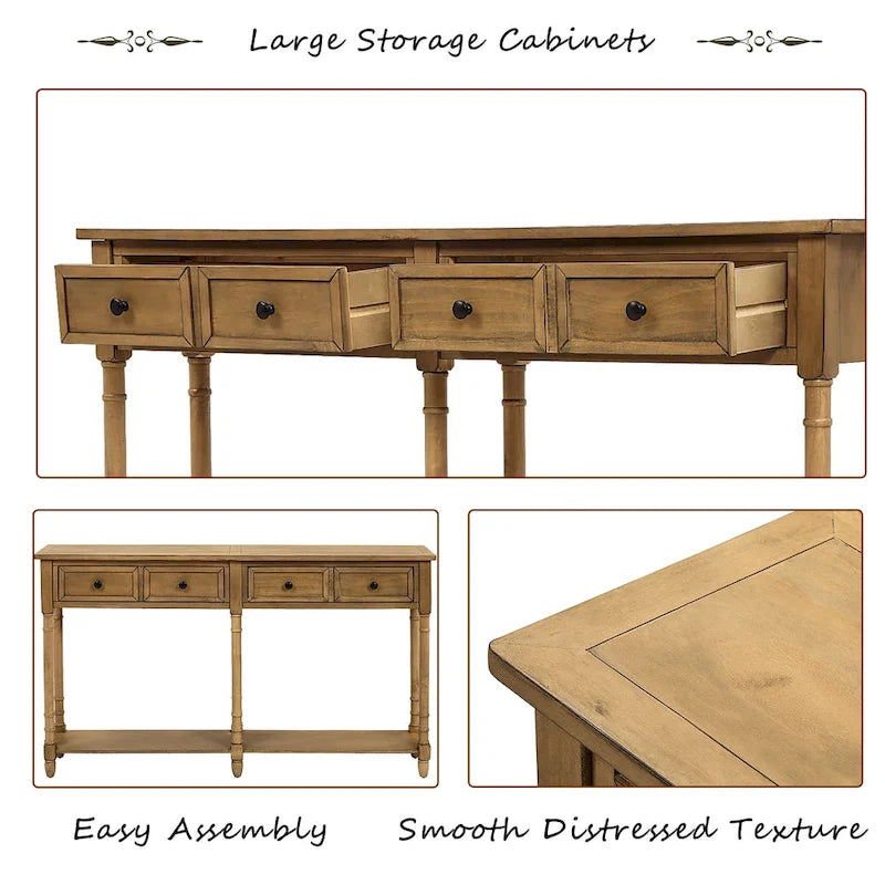 Console d'entrée en bois massif quatre tiroirs finition vieillie style antique