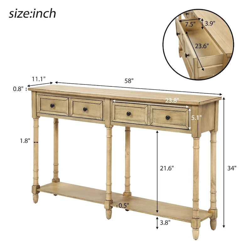 Console d'entrée en bois massif quatre tiroirs finition vieillie style antique