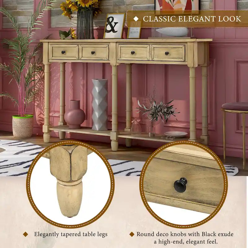 Console d'entrée en bois massif quatre tiroirs finition vieillie style antique
