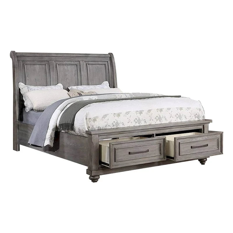 Lit traîneau King Size avec tiroirs de rangement en bois massif finition chêne gris
