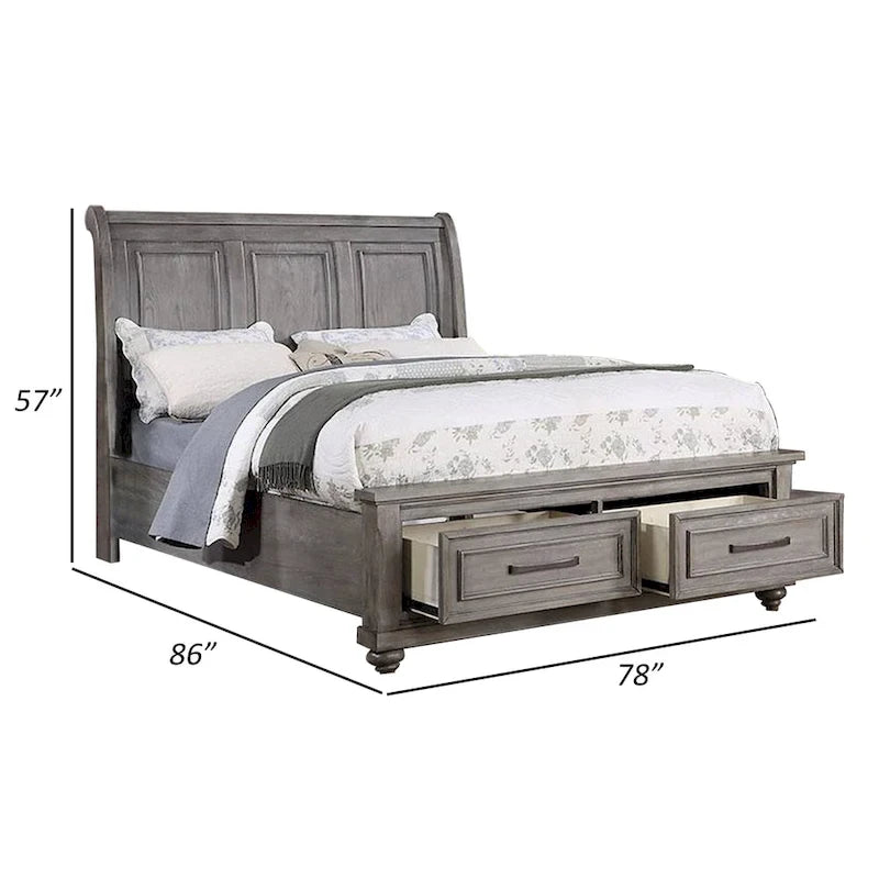Lit traîneau King Size avec tiroirs de rangement en bois massif finition chêne gris