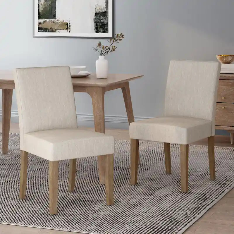 Chaise de salle à manger contemporaine sans accoudoirs, rembourrée, avec pieds coniques en hévéa, beige