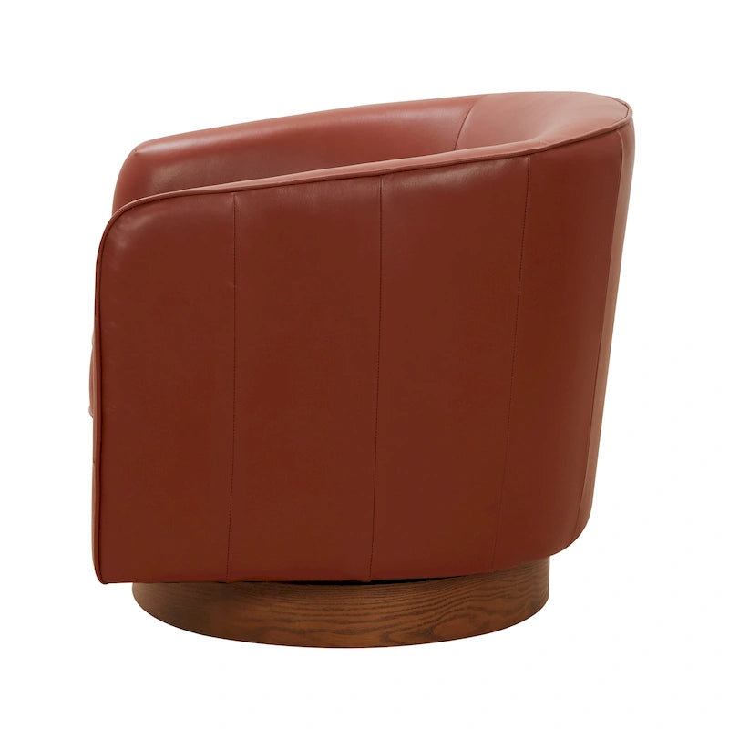 Fauteuil pivotant en cuir pleine fleur avec base en bois brun chaud