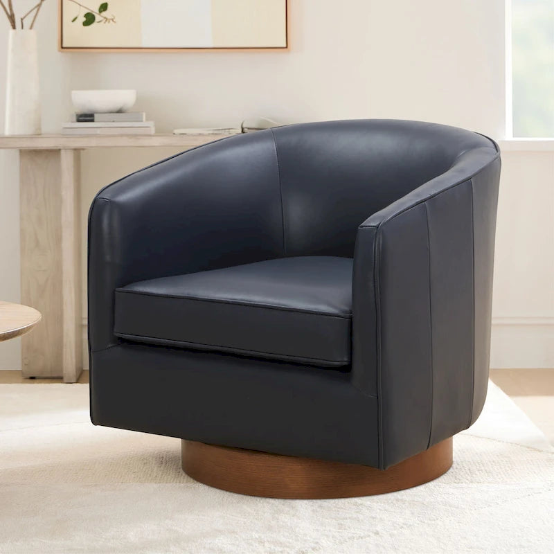 Fauteuil pivotant en cuir pleine fleur avec base en bois brun chaud