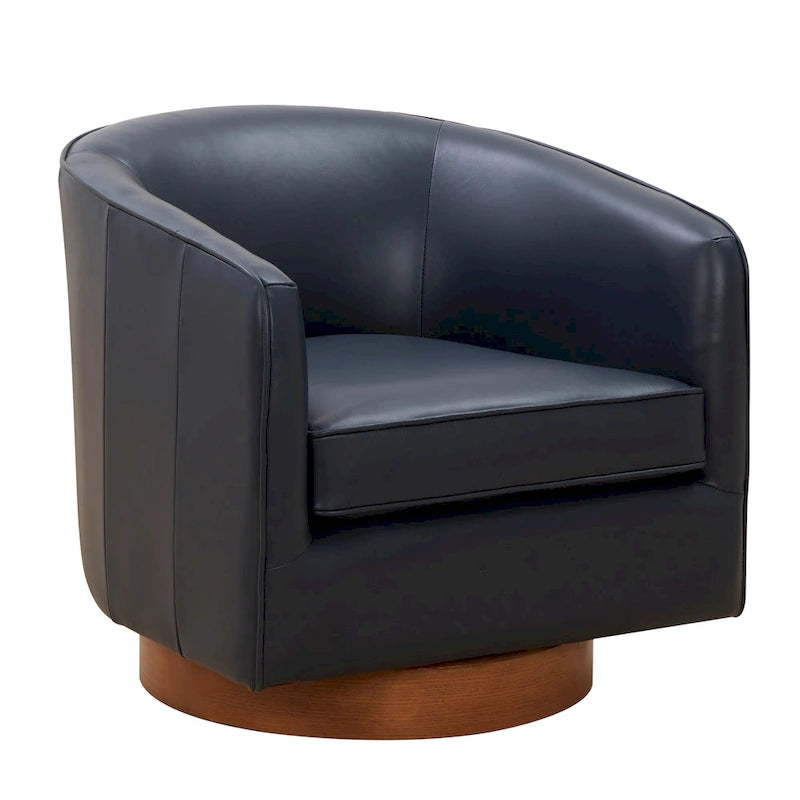 Fauteuil pivotant en cuir pleine fleur avec base en bois brun chaud