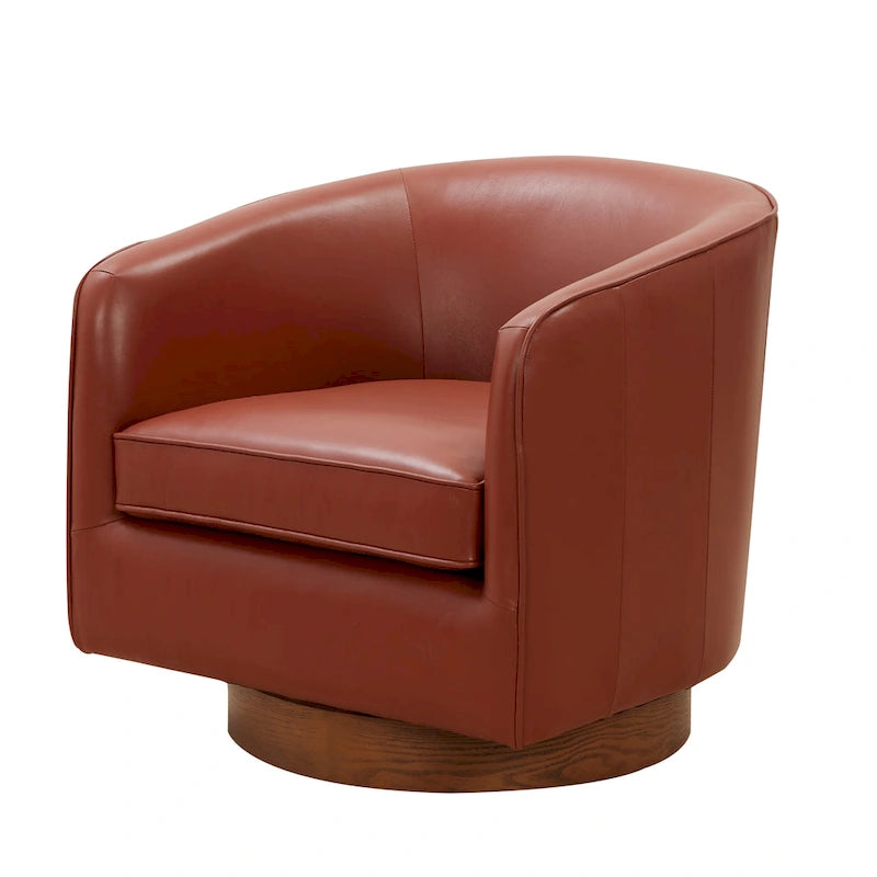Fauteuil pivotant en cuir pleine fleur avec base en bois brun chaud