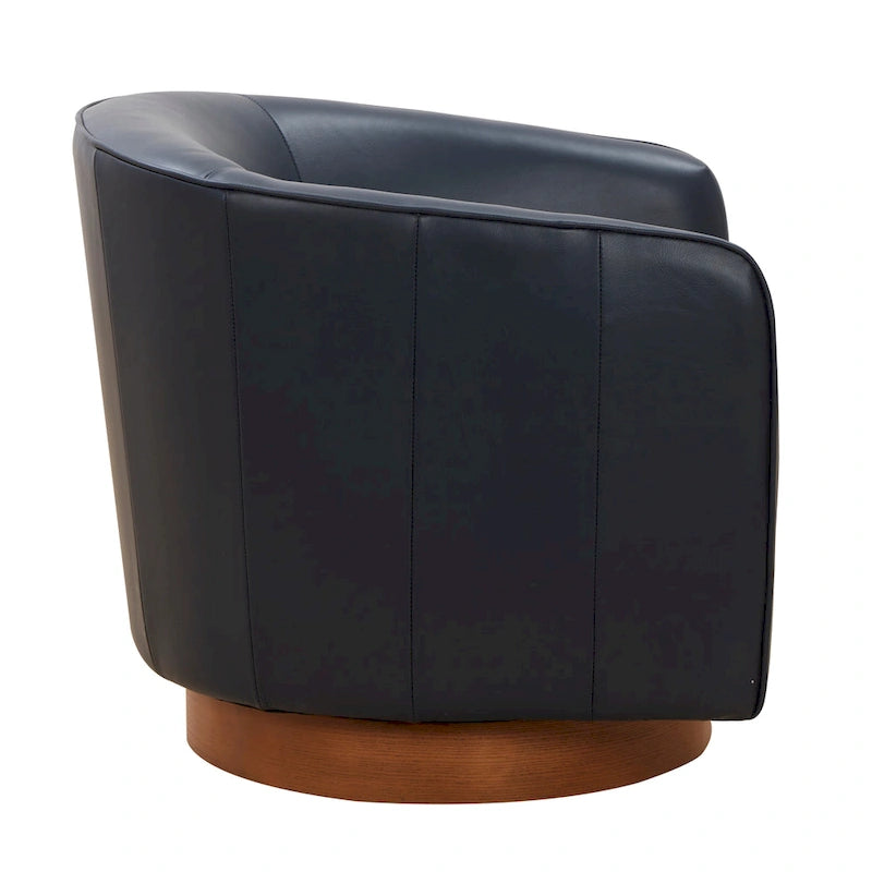 Fauteuil pivotant en cuir pleine fleur avec base en bois brun chaud