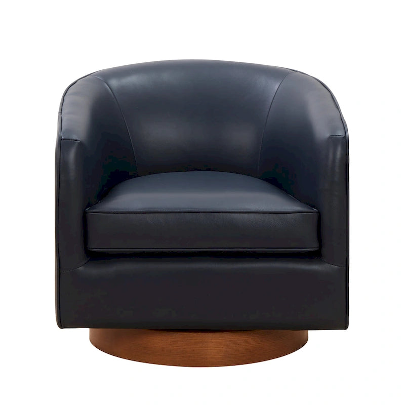 Fauteuil pivotant en cuir pleine fleur avec base en bois brun chaud