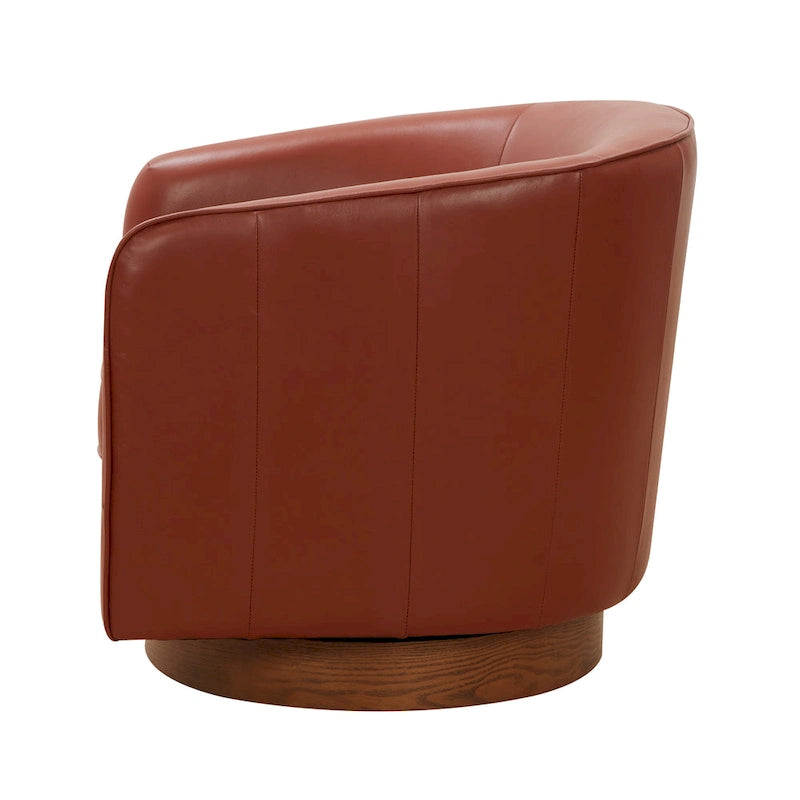 Fauteuil pivotant en cuir pleine fleur avec base en bois brun chaud