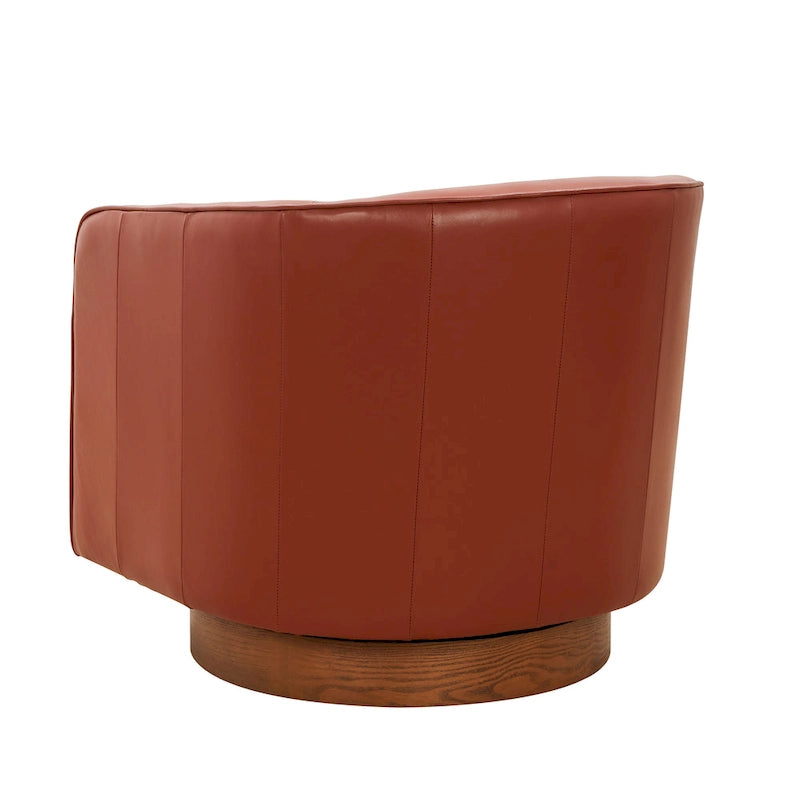 Fauteuil pivotant en cuir pleine fleur avec base en bois brun chaud