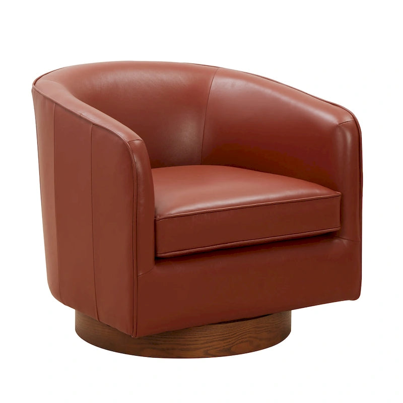 Fauteuil pivotant en cuir pleine fleur avec base en bois brun chaud