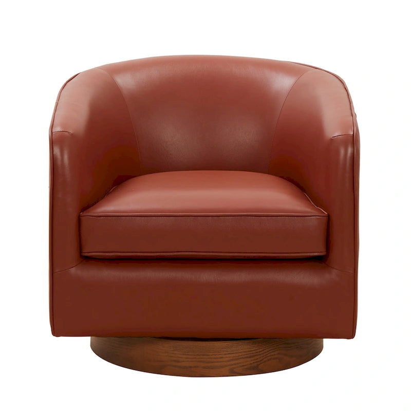 Fauteuil pivotant en cuir pleine fleur avec base en bois brun chaud