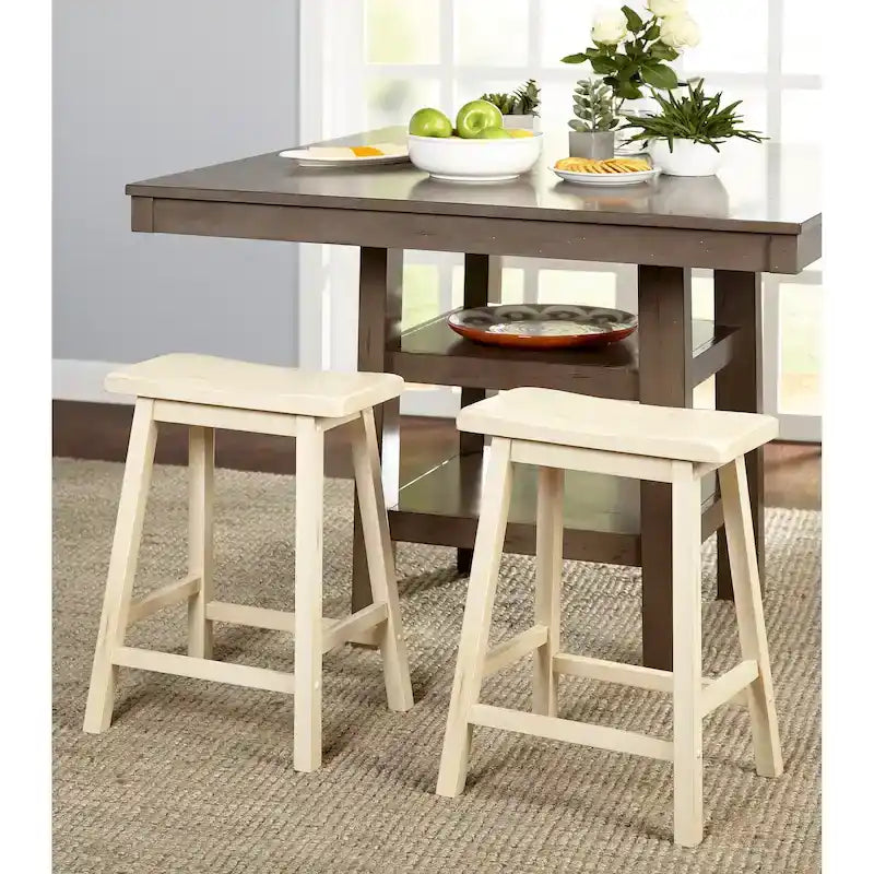 Tabouret de bar rustique sans dossier en hévéa, hauteur comptoir, avec assise en forme de selle
