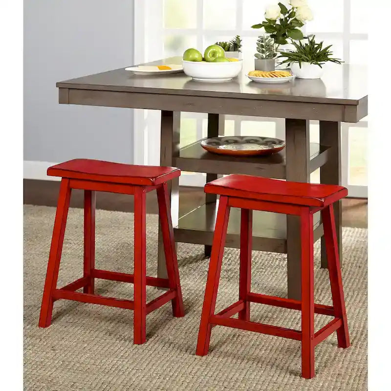 Tabouret de bar rustique sans dossier en hévéa, hauteur comptoir, avec assise en forme de selle