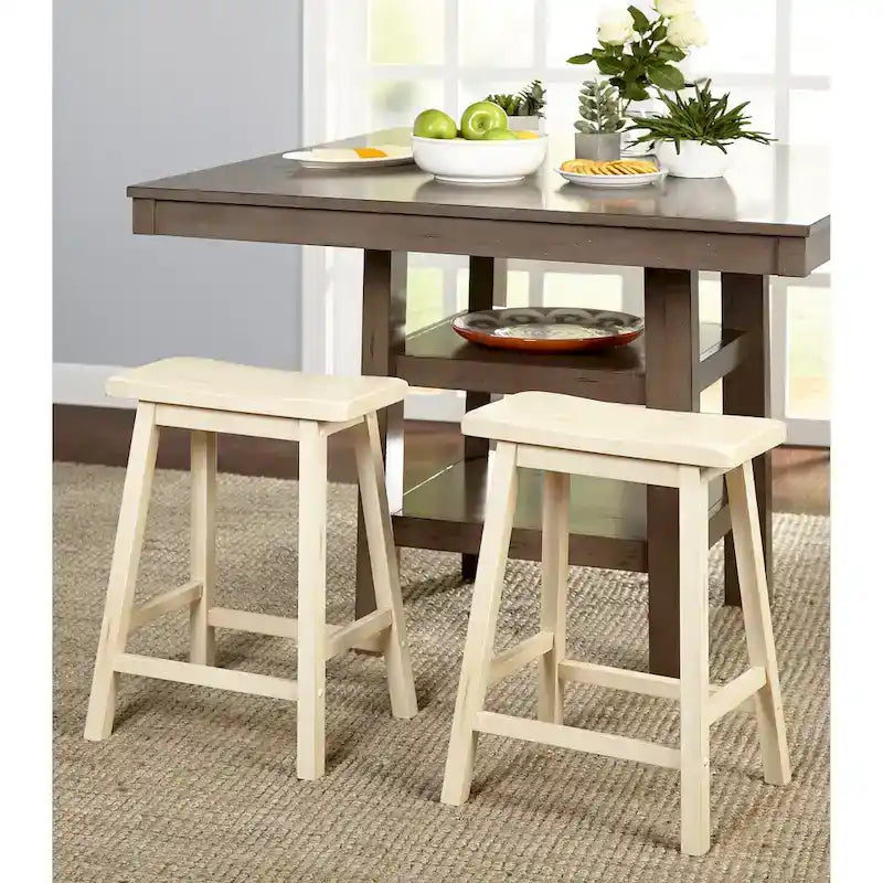 Tabouret de bar rustique sans dossier en hévéa, hauteur comptoir, avec assise en forme de selle