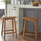 Tabouret de bar rustique sans dossier en hévéa, hauteur comptoir, avec assise en forme de selle