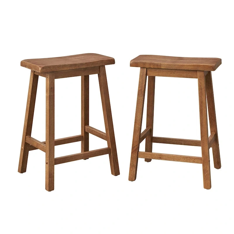 Tabouret de bar rustique sans dossier en hévéa, hauteur comptoir, avec assise en forme de selle