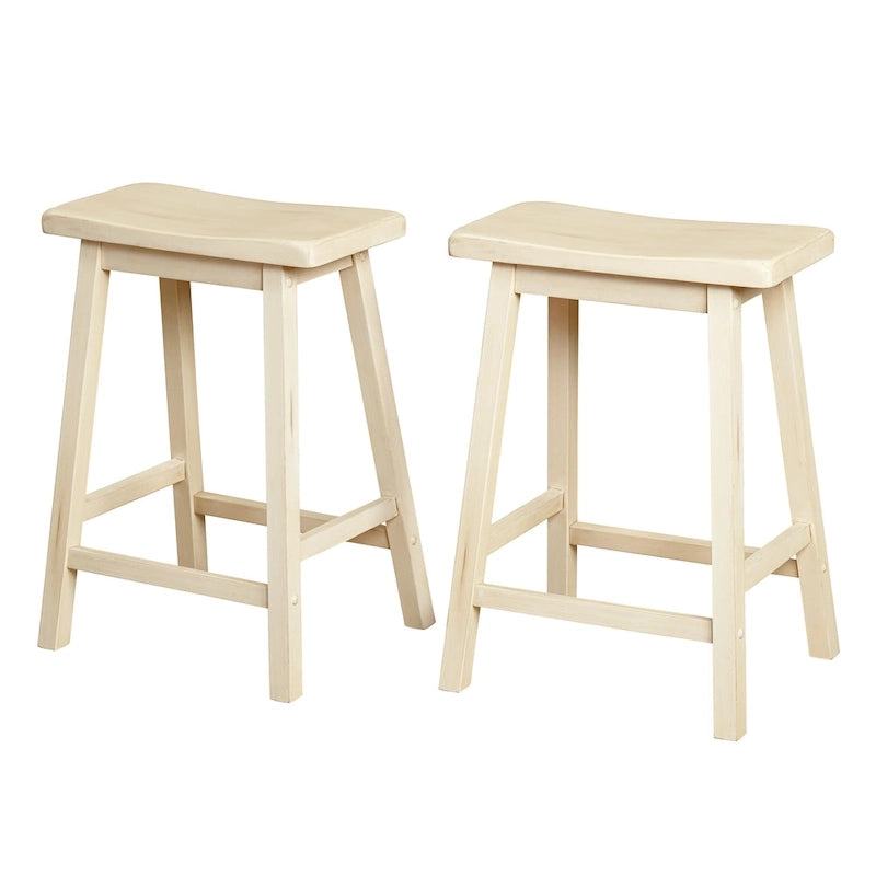 Tabouret de bar rustique sans dossier en hévéa, hauteur comptoir, avec assise en forme de selle