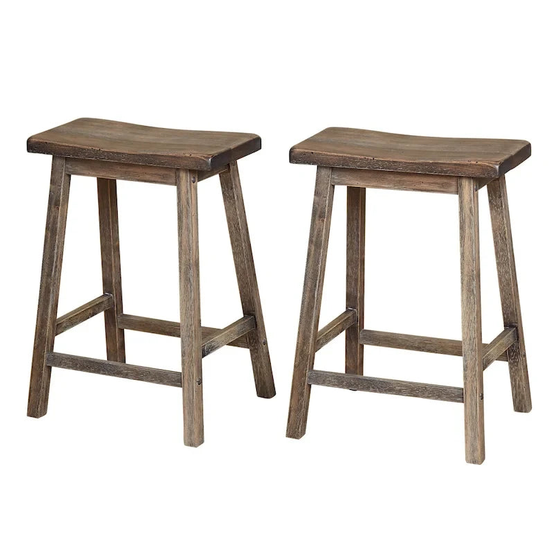 Tabouret de bar rustique sans dossier en hévéa, hauteur comptoir, avec assise en forme de selle